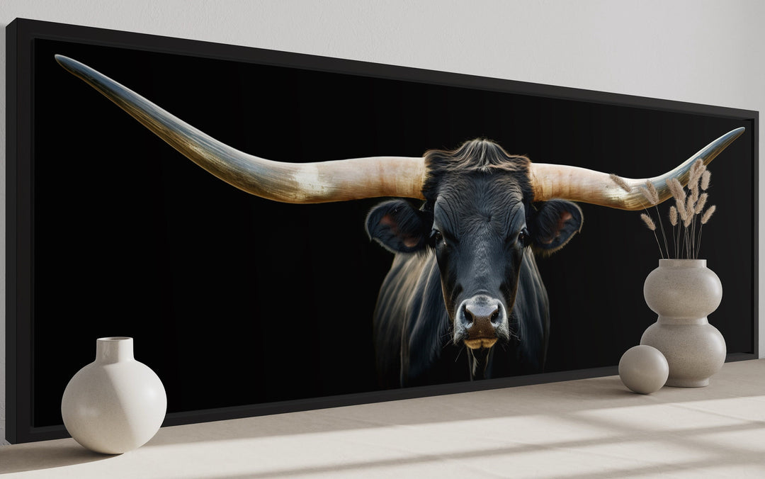 Black Texas Longhorn Steer Panoramic Above Couch Framed Canvas Wall Art side view