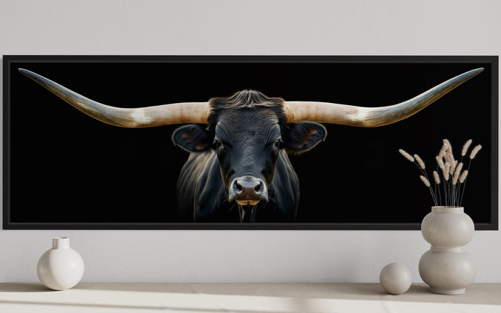 Black Texas Longhorn Steer Panoramic Above Couch Framed Canvas Wall Art close up