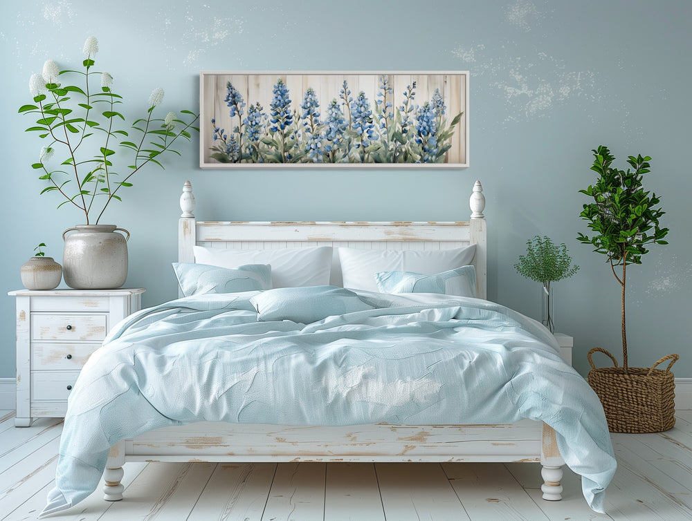 Blue Wildflowers Horizontal Wall Decor above white bed