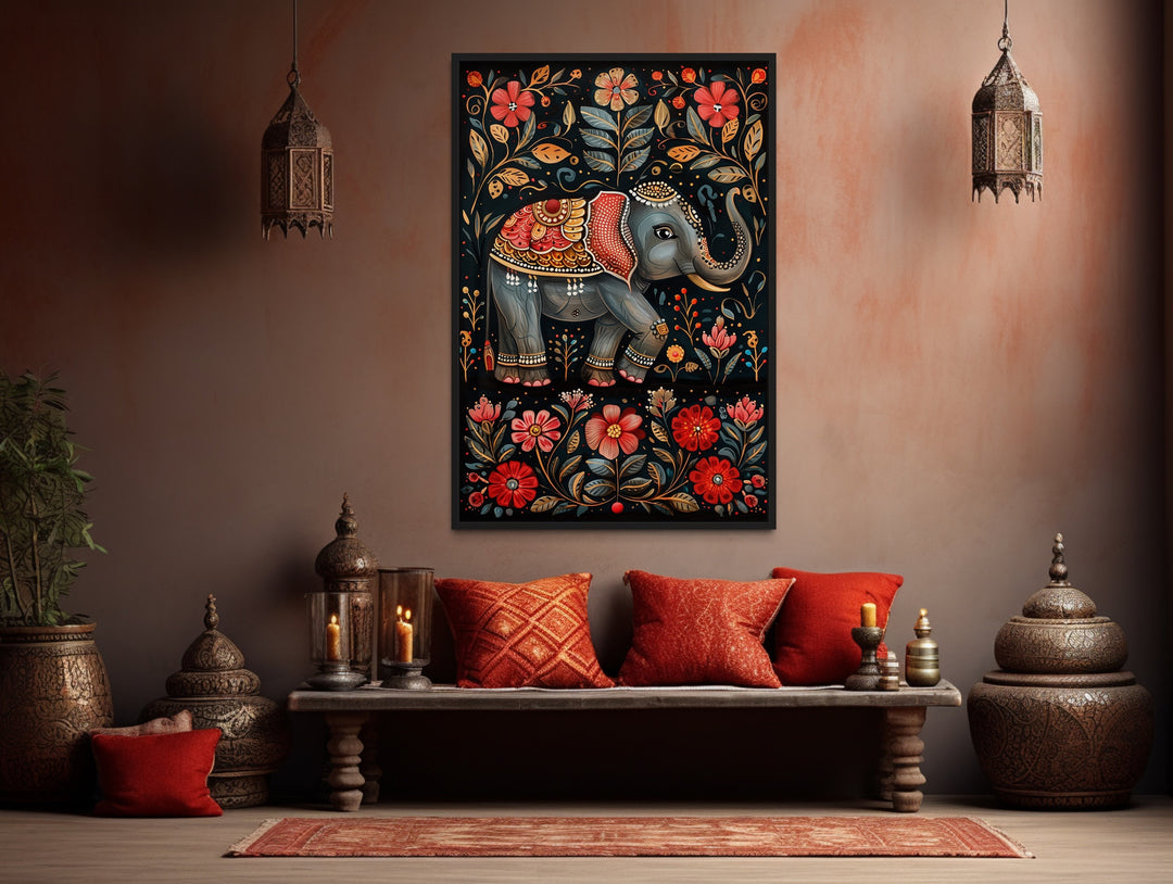 a living room with a couch and Indian Wall Art Madhubani Style Indian Elephant Canvas