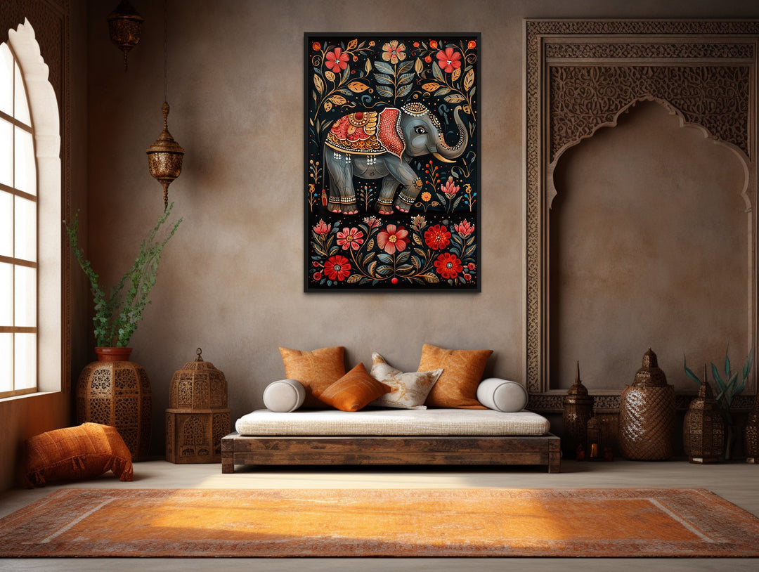Indian Wall Art Madhubani Style Indian Elephant Canvas in a living room with a couch