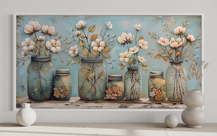 Cotton Plants In Jars Rustic Farmhouse Kitchen Wall Art front view
