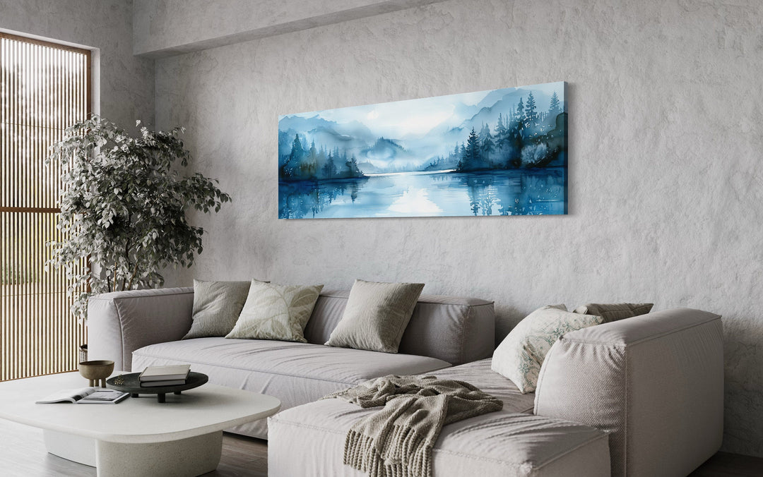 Navy Blue Lake Landscape Long Narrow Horizontal Wall Art above couch