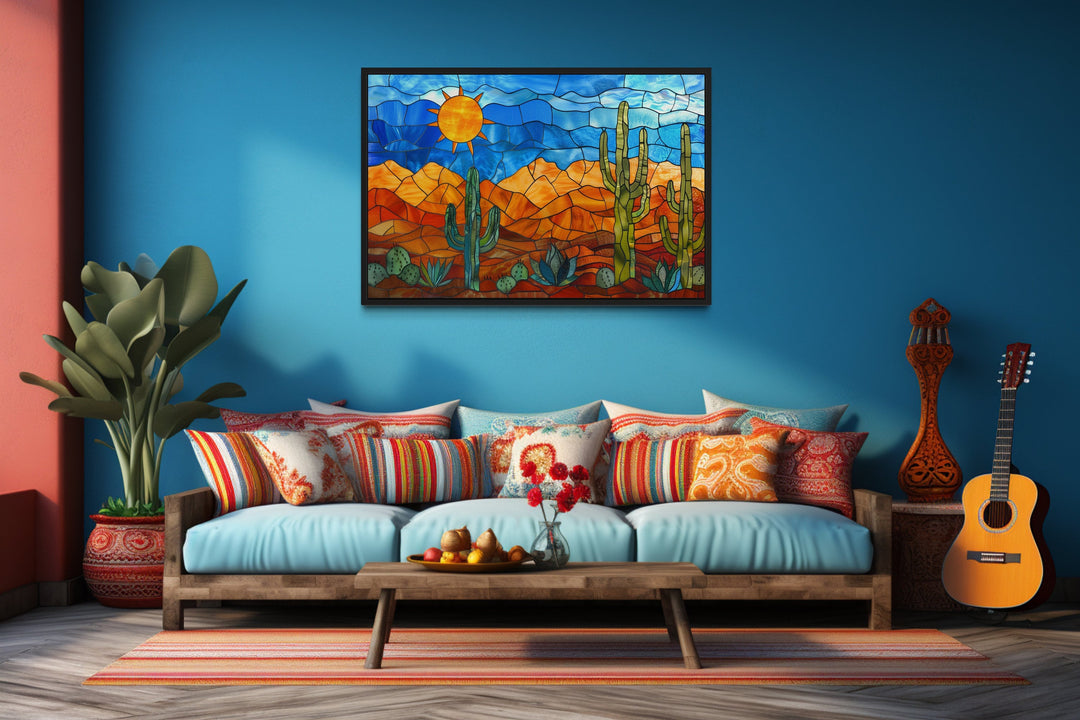 Sonoran Desert With Saguaro Cactus Stained Glass Style Mexican Wall Art above blue couch