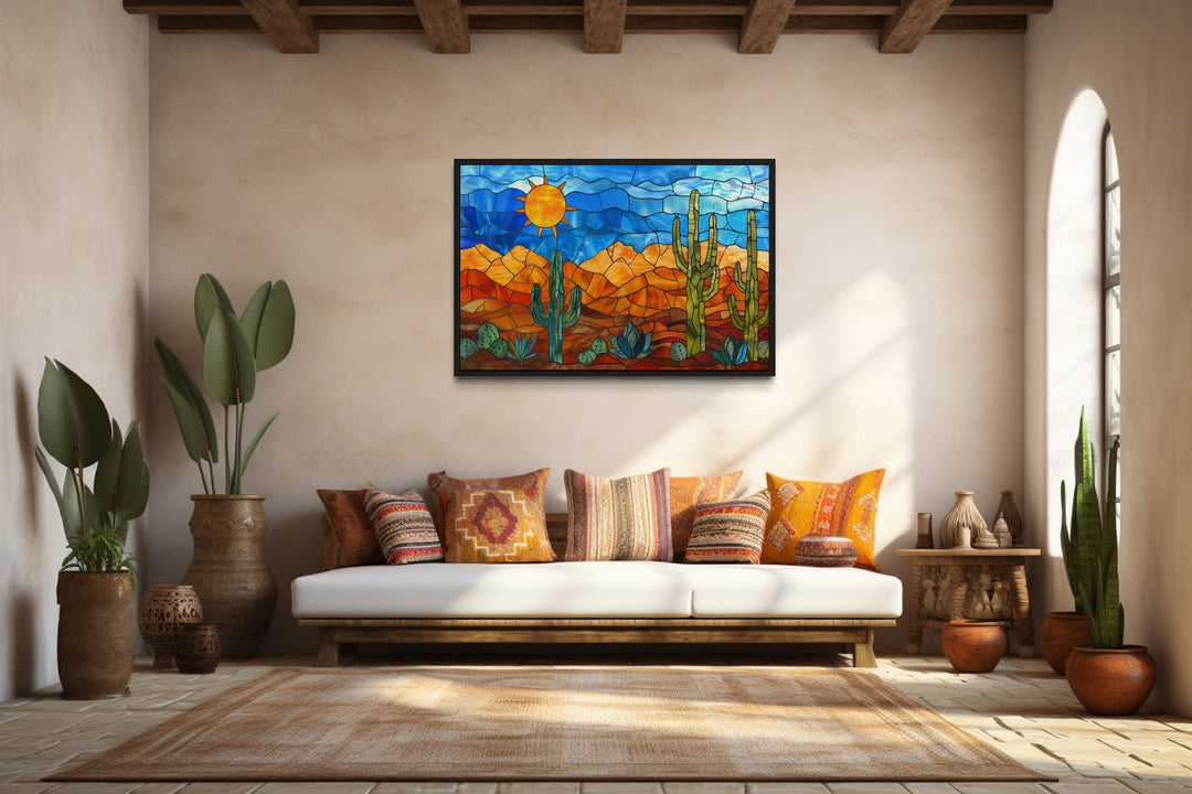 Sonoran Desert With Saguaro Cactus Stained Glass Style Mexican Wall Art above beige couch