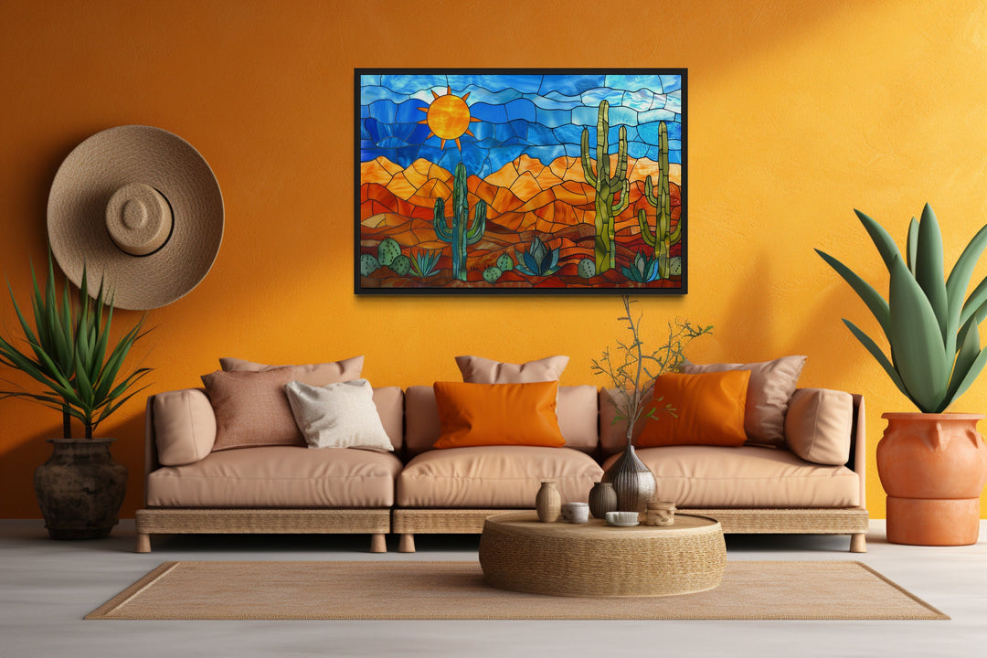 Sonoran Desert With Saguaro Cactus Stained Glass Style Mexican Wall Art above brown couch