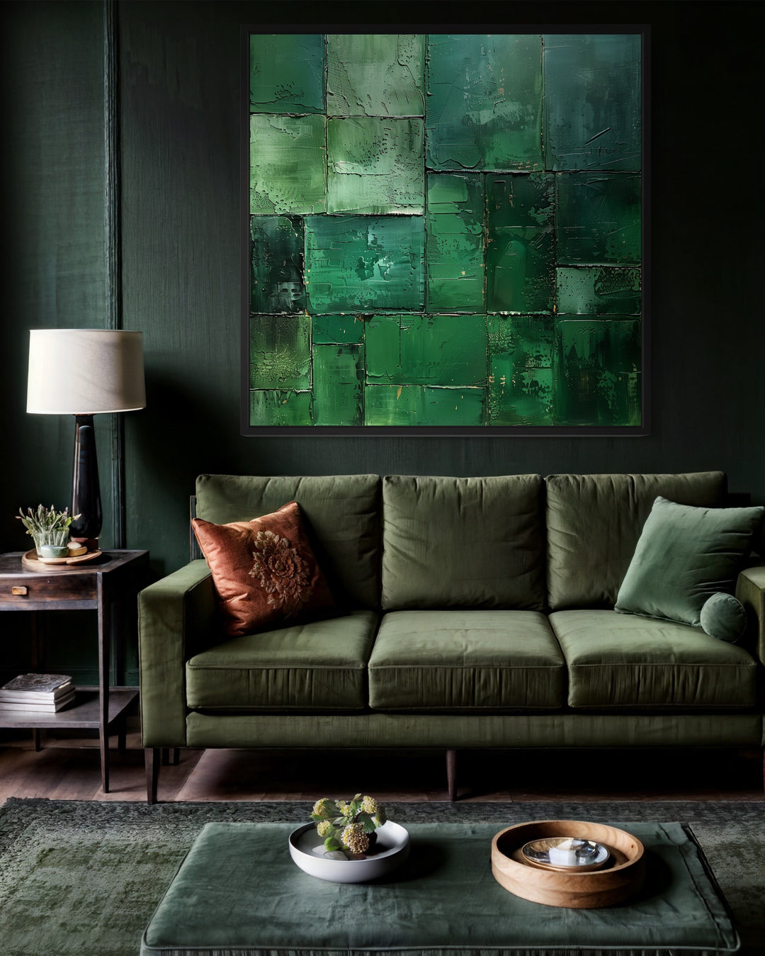 Emerald Green Abstract Geometric Square Framed Canvas Wall Art in living room