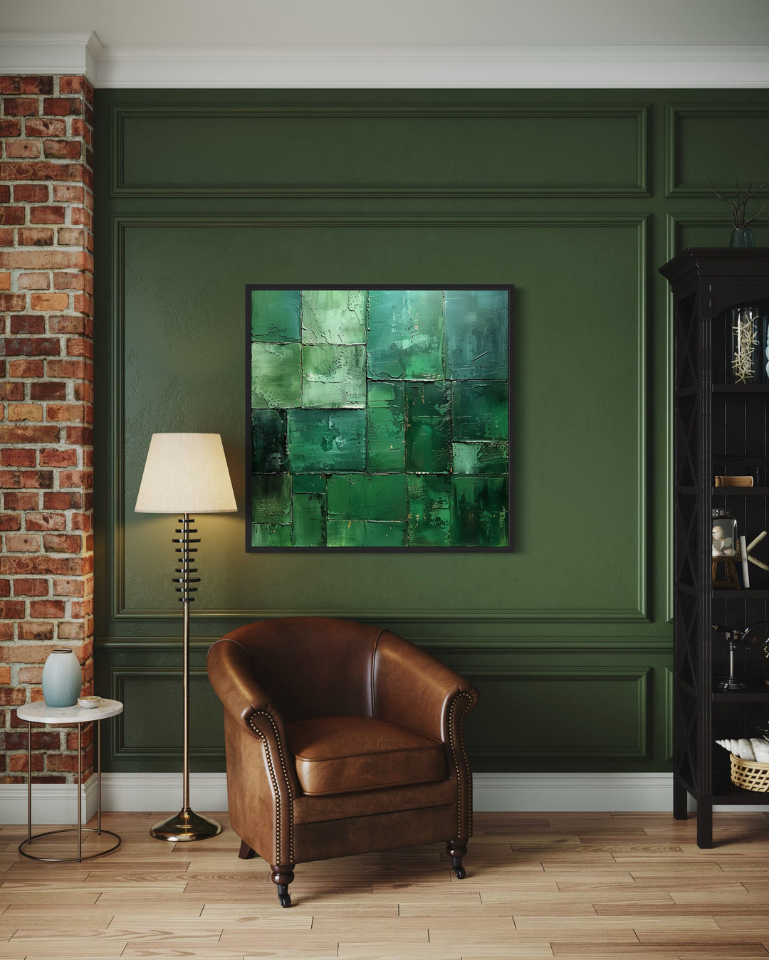 Emerald Green Abstract Geometric Square Framed Canvas Wall Art in living room