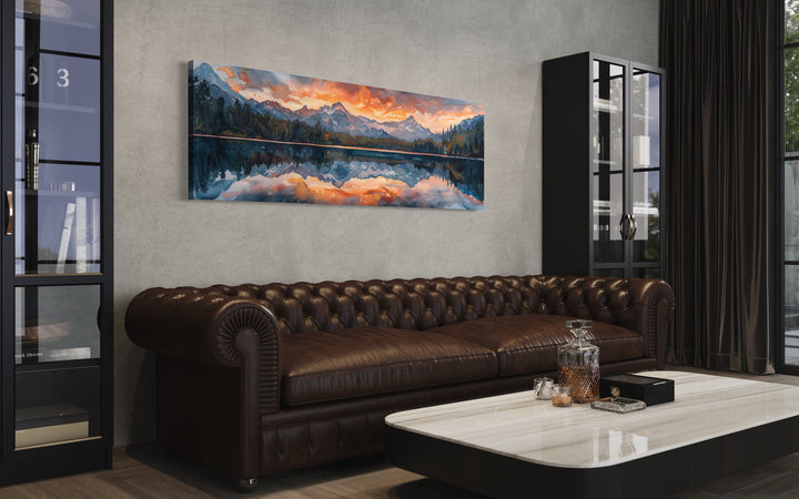 Sunset Over Mountain Lake Landscape Panoramic Framed Canvas Wall Art above brown couch