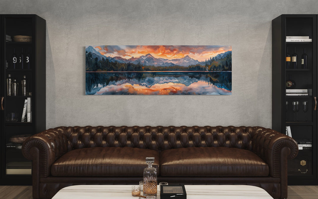 Sunset Over Mountain Lake Landscape Panoramic Framed Canvas Wall Art