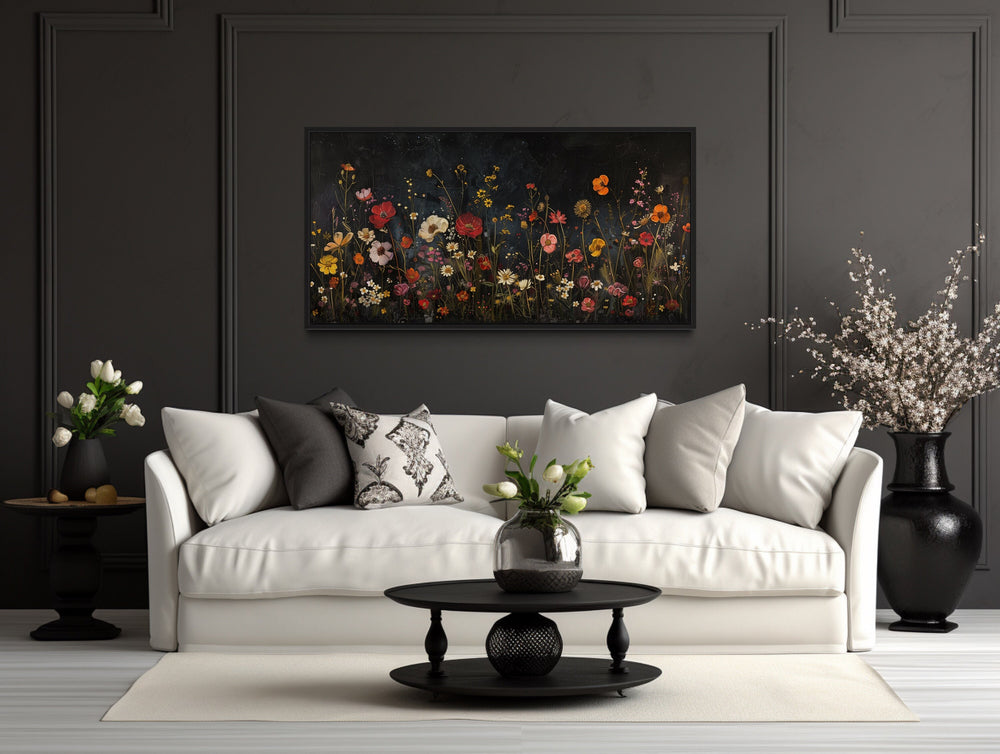 Black Wildflowers Field At Night Framed Canvas Wall Art in living room