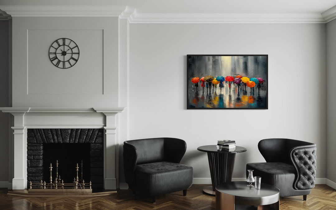 People With Colorful Umbrellas In Rainy City Framed Canvas Wall Art in office