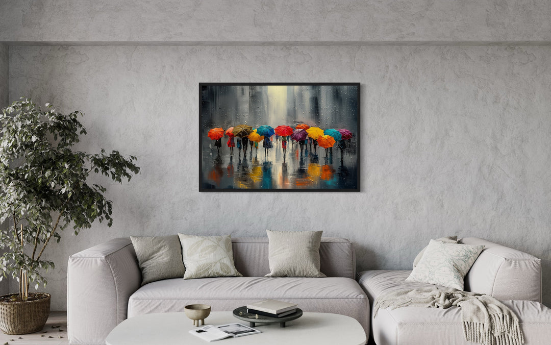 People With Colorful Umbrellas In Rainy City Framed Canvas Wall Art above grey couch