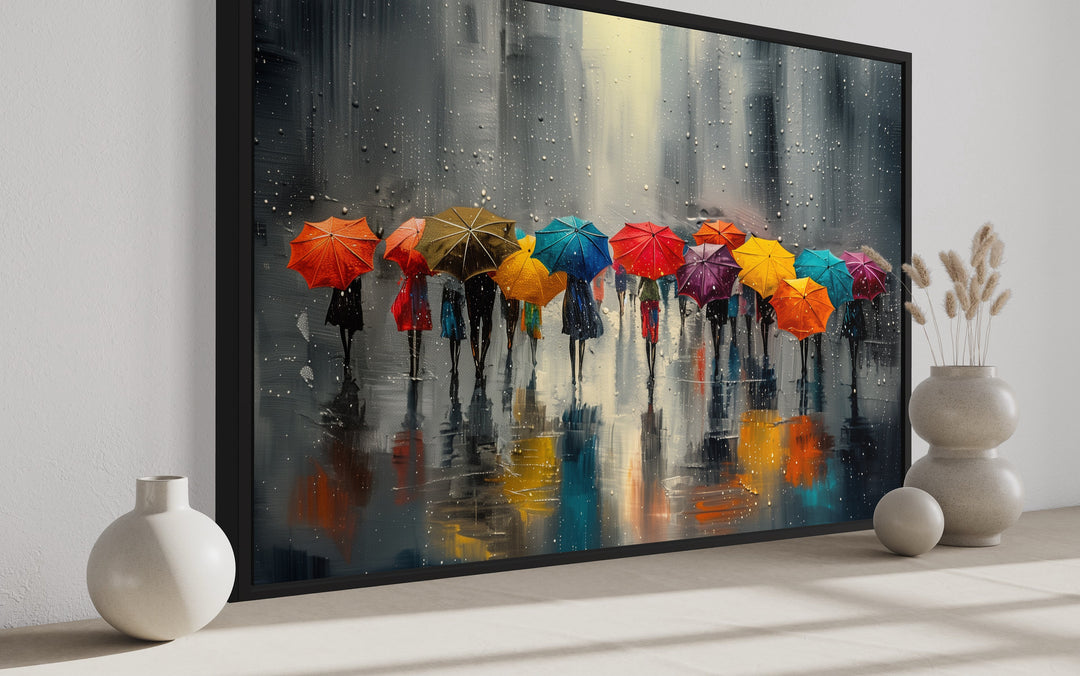 People With Colorful Umbrellas In Rainy City Framed Canvas Wall Art side view