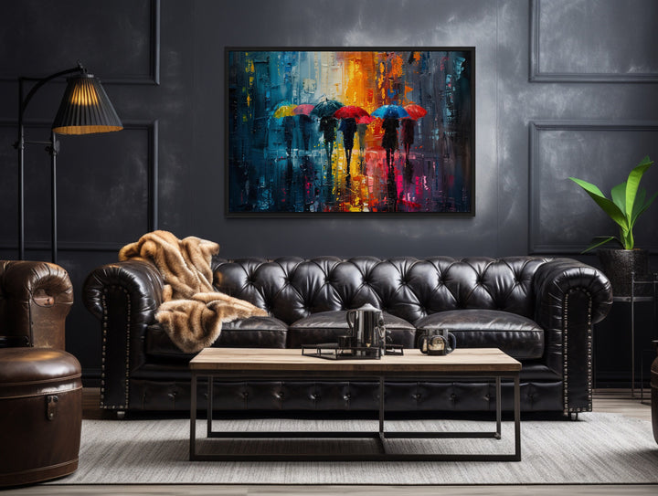 People With Colorful Umbrellas In Rainy City Wall Art in dark man cave