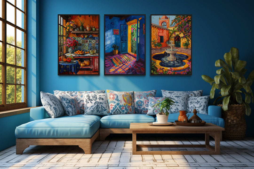 Colorful Mexican Kitchen, House And Courtyard Framed Canvas Wall Art