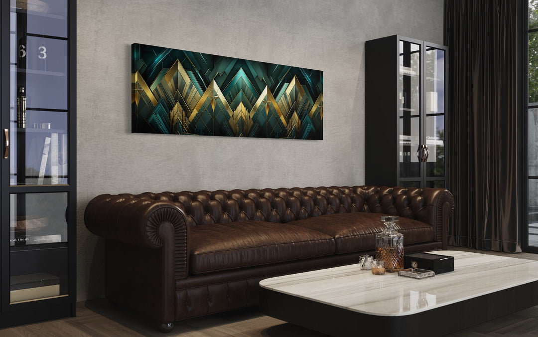 Emerald Green Gold Living Room Horizontal Art Deco Framed Canvas Wall Art above brown couch