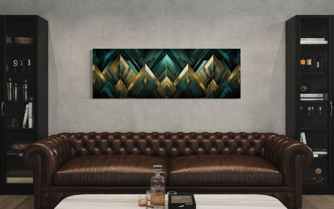 Emerald Green Gold Above couch Art Deco Framed Canvas Wall Art above brown couch