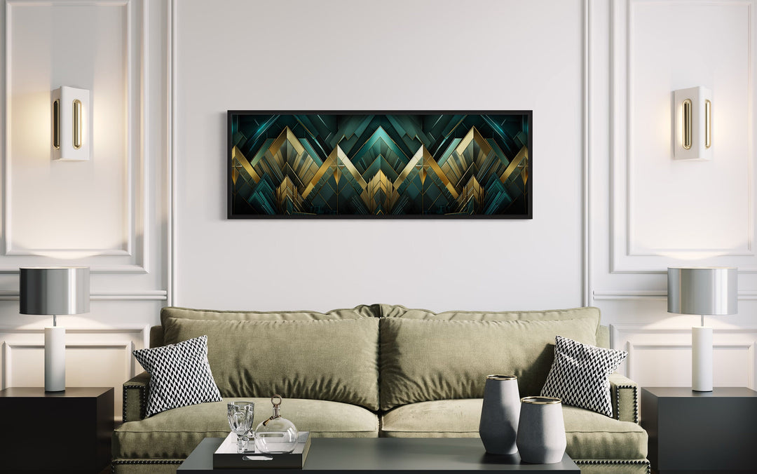 Emerald Green Gold Living Room Horizontal Art Deco Framed Canvas Wall Art above green couch