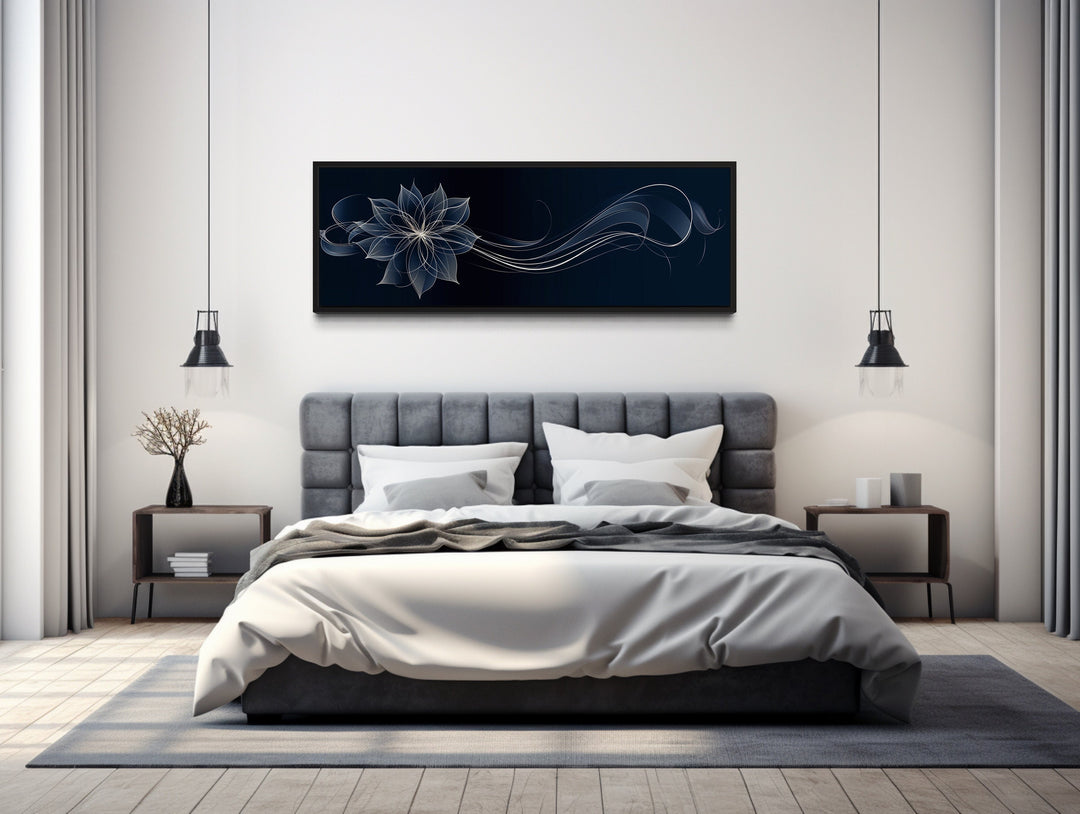 Navy Blue Over Minimalist Flower Line Art Canvas Wall Art in bedroom