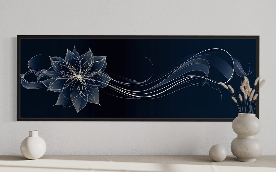 Navy Blue Over Minimalist Flower Line Art Canvas Wall Art close up