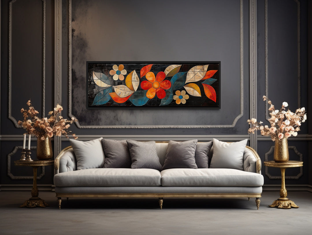 Large Floral Long Horizontal Framed Canvas Living Room Wall Art above grey couch