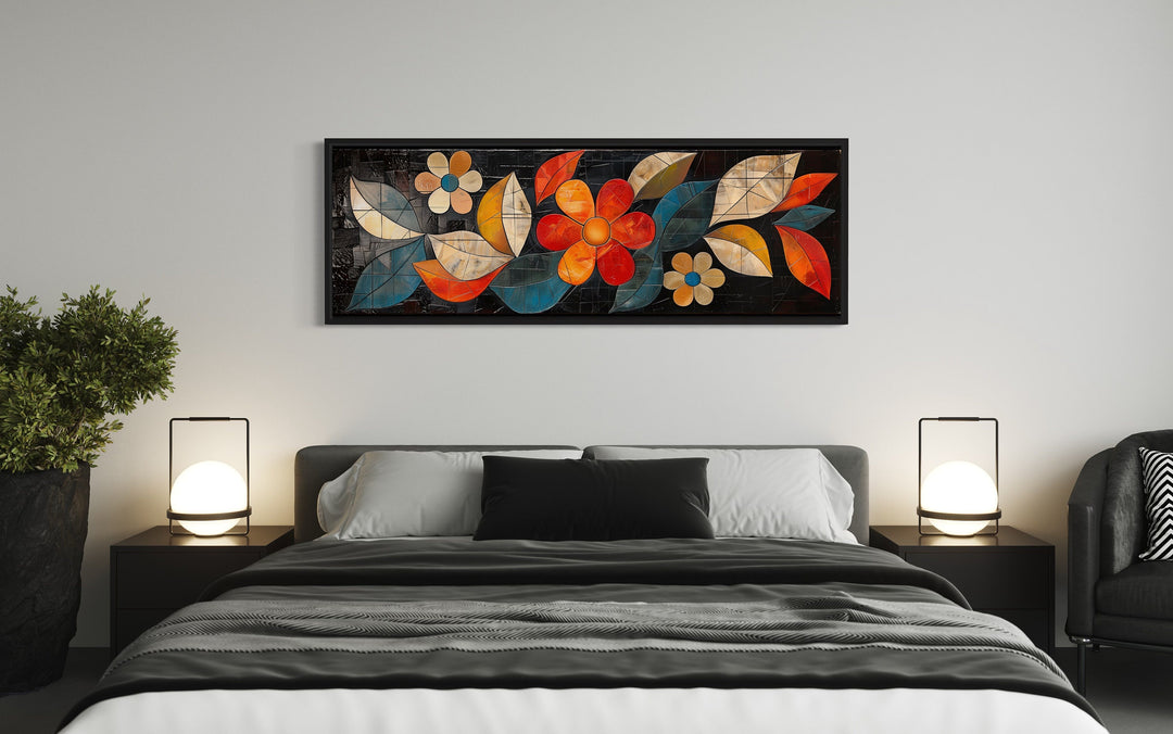 Large Floral Long Horizontal Framed Canvas Living Room Wall Art above bed