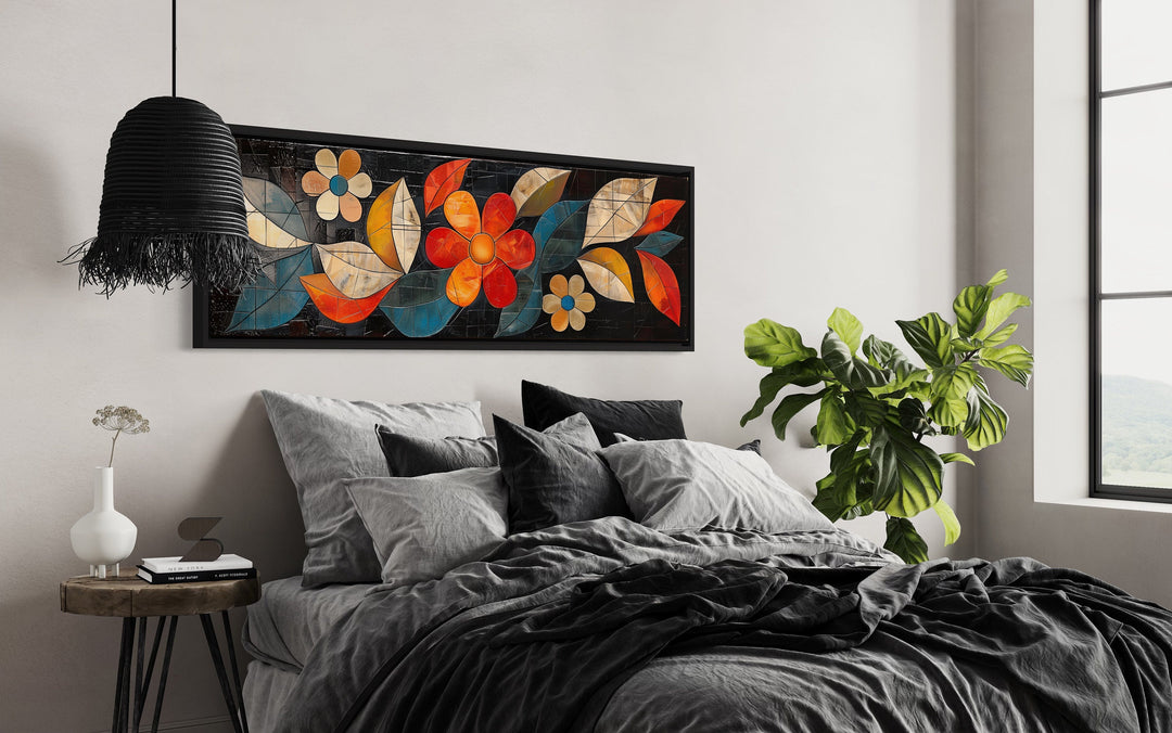 Large Floral Long Horizontal Framed Canvas Living Room Wall Art above bed side view