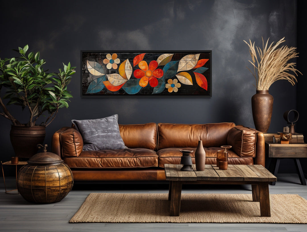 Large Floral Long Horizontal Framed Canvas Living Room Wall Art