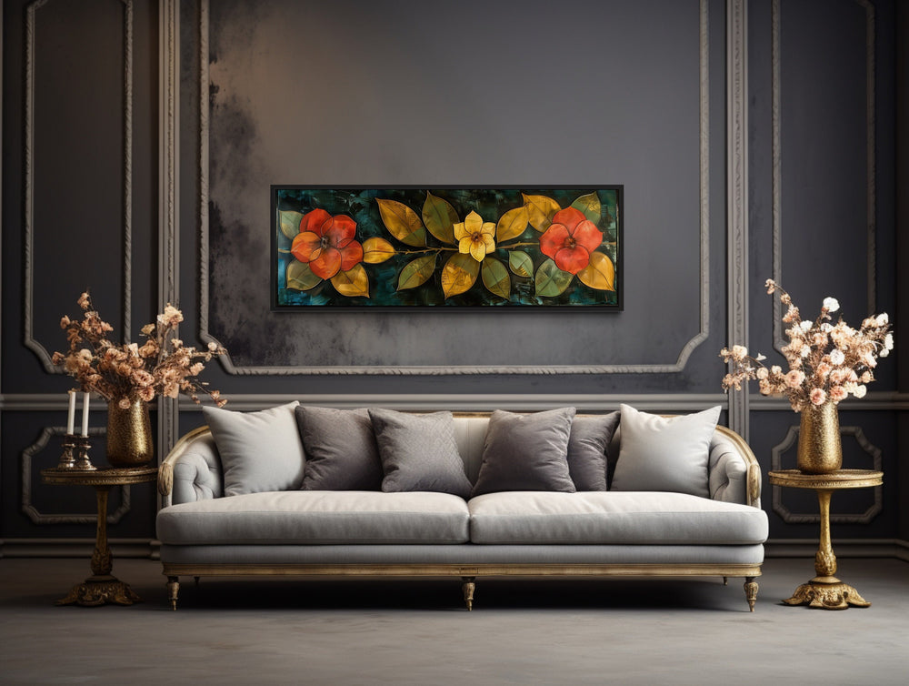 Large Green Red Floral Long Horizontal Living Room Framed Canvas Wall Art above couch