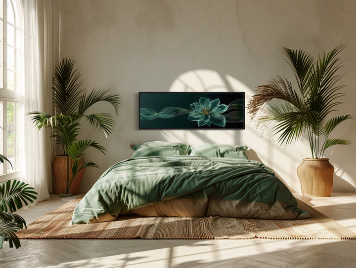Emerald Green Minimalist Flower Long Horizontal Wall Art above bed