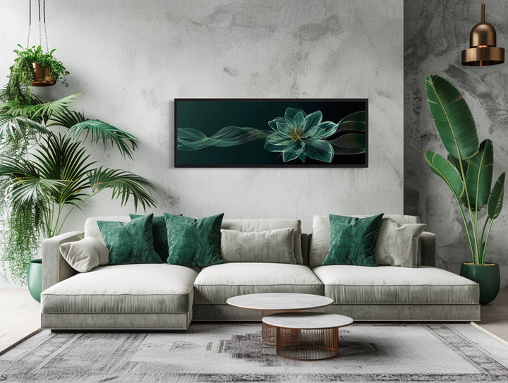 Emerald Green Living Room Minimalist Flower Long Horizontal Wall Art ABOVE GREEN GRET COUCH
