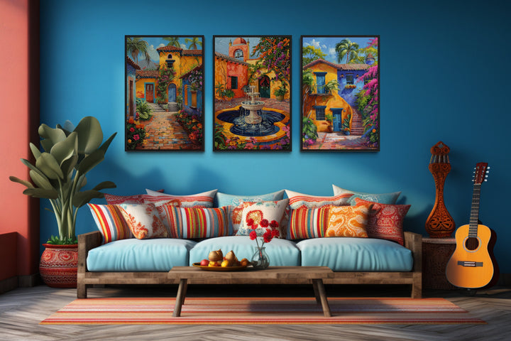 Set Of Three Colorful Mexican Courtyard Garden And Fountain Wall Art in blue room