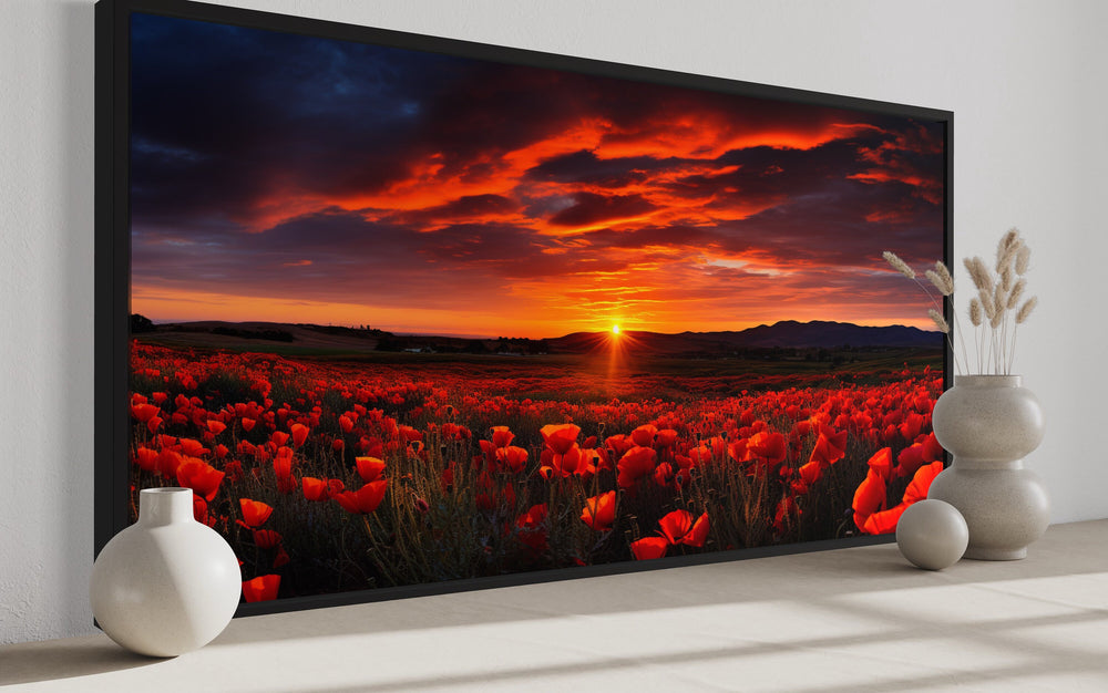 Poppies Field At Sunset Red Painting Framed Canvas Wall Art side view