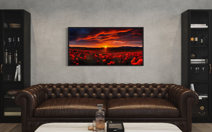 Poppies Field At Sunset Red Painting Framed Canvas Wall Art above brown couch