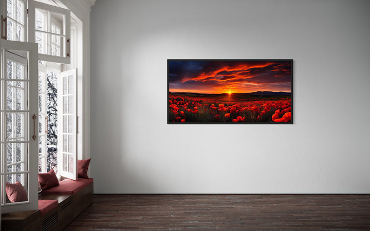 Poppies Field At Sunset Red Painting Framed Canvas Wall Art in large room