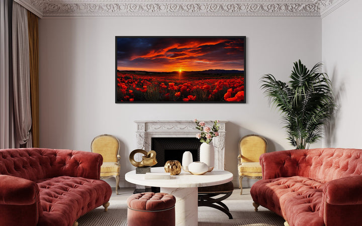 Poppies Field At Sunset Red Painting Framed Canvas Wall Art in living room