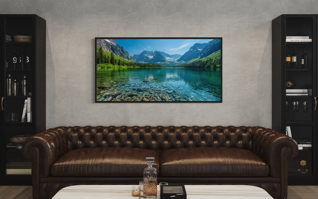 Glacier National Park Montana Landscape Framed Canvas Wall Art above broun couch