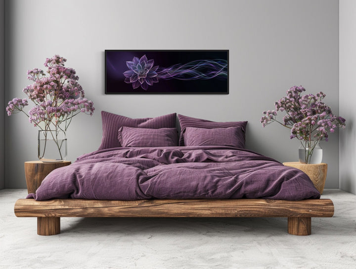 Purple Long Panoramic Simple Flower Framed Canvas Wall Art above purple bed