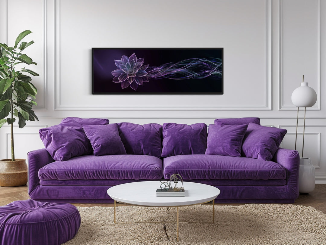 Purple Long Panoramic Simple Flower Framed Canvas Wall Art above couch
