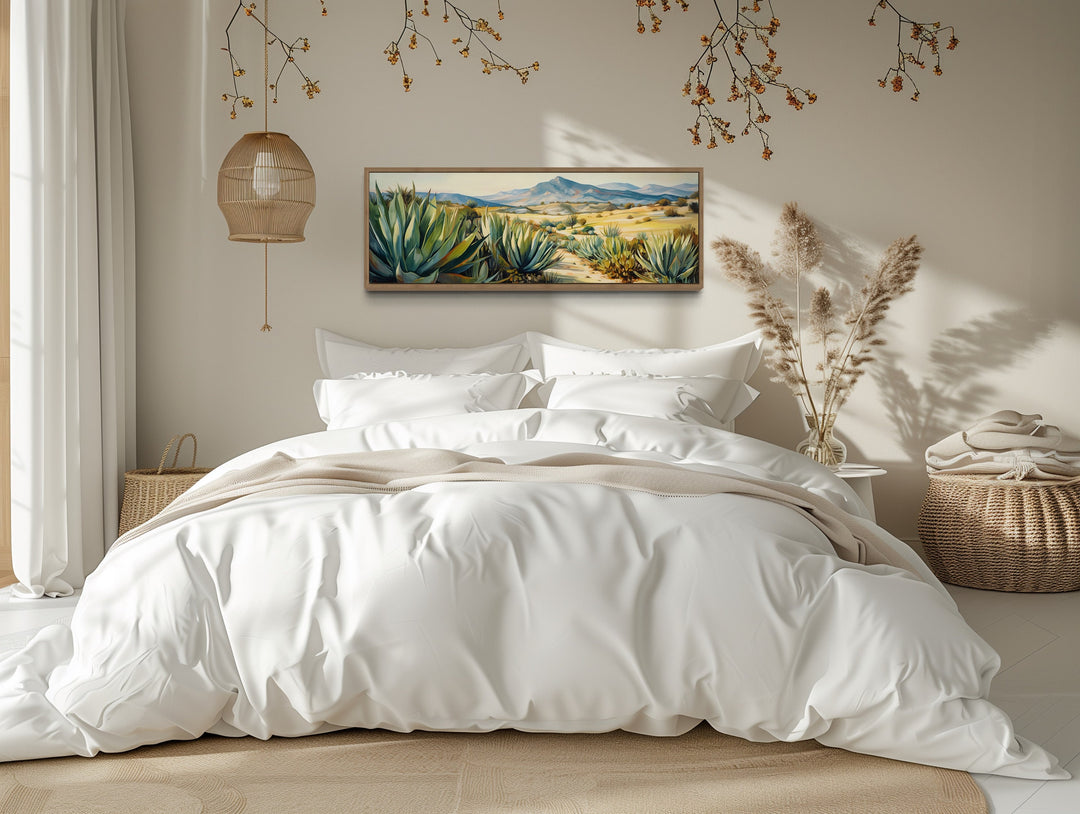 Desert Agave Mexican Landscape Horizontal Wall Art Above beige Bed