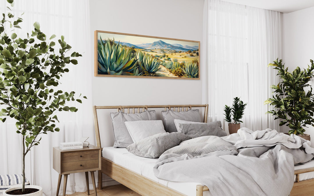 Desert Agave Mexican Landscape Horizontal Wall Art Above Bed above rustic bed