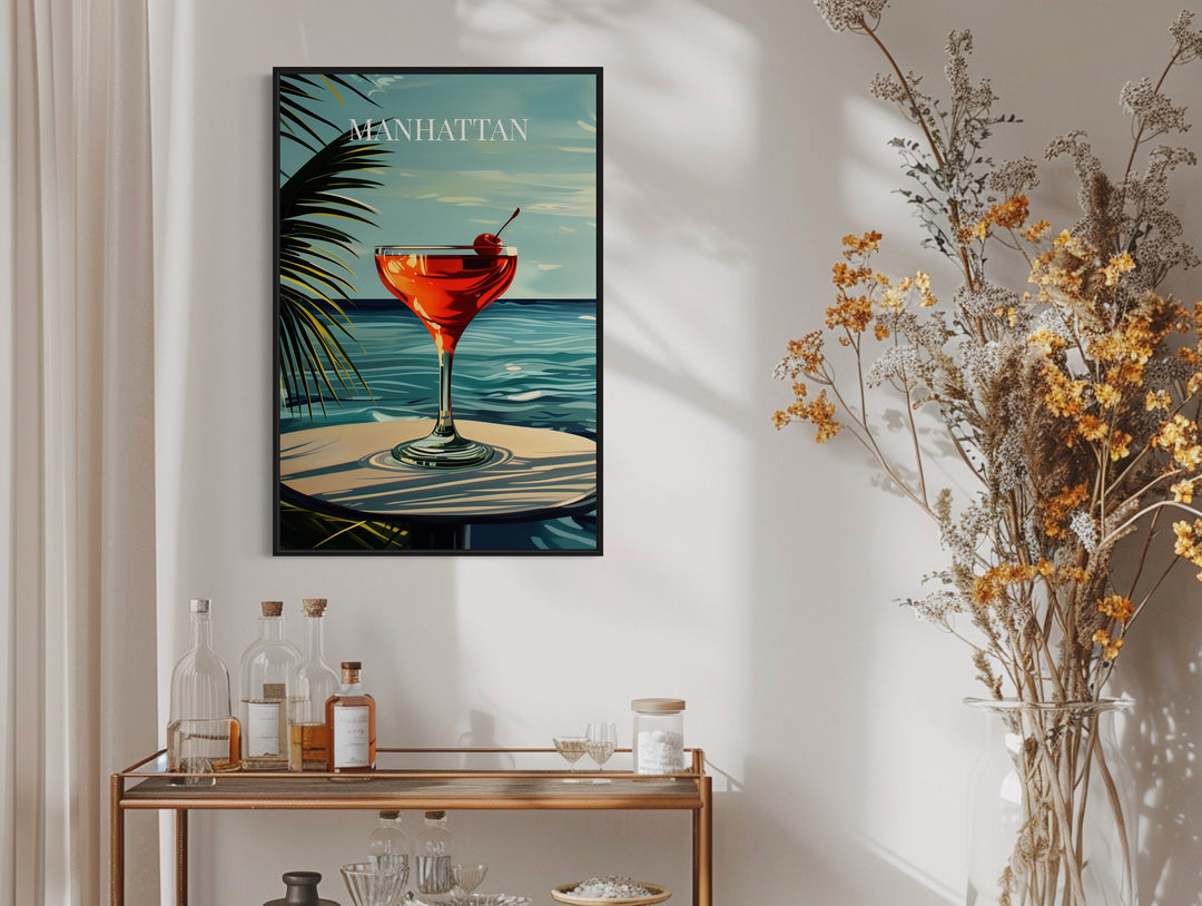 Manhattan Cocktail On The Beach Art Print over bar