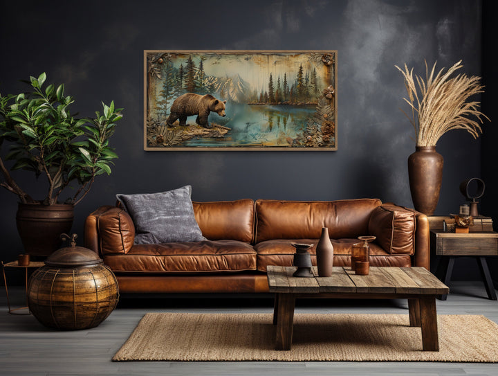 Grizzly Bear Rustic Cabin Wall Decor above brown couch