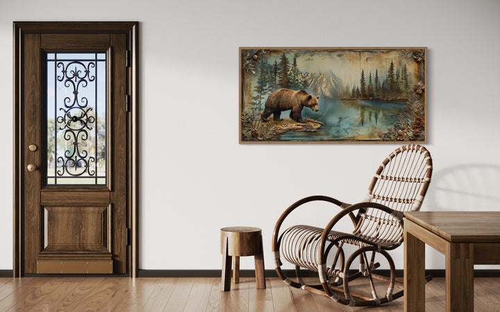 Grizzly Bear Rustic Cabin Wall Decor a room with a rocking chair