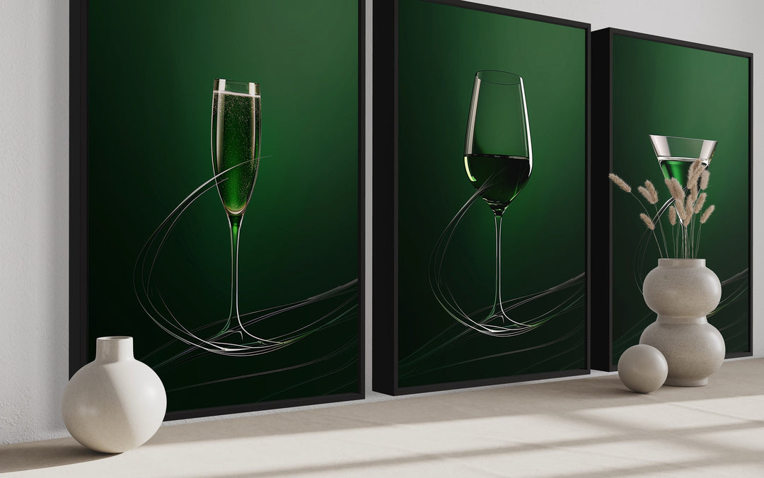Wine Glass, Martini and Champagne Flute Emerald Green Dining Room Framed Canvas Wall Art side view