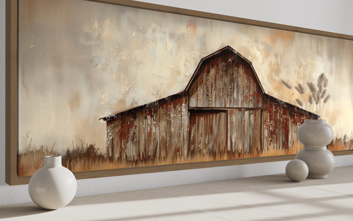 Rustic Brown Barn Panoramic Farmhouse Framed Canvas Wall Art side view