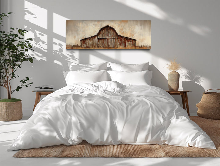 Rustic Brown Barn Panoramic Farmhouse Framed Canvas Wall Art above bed
