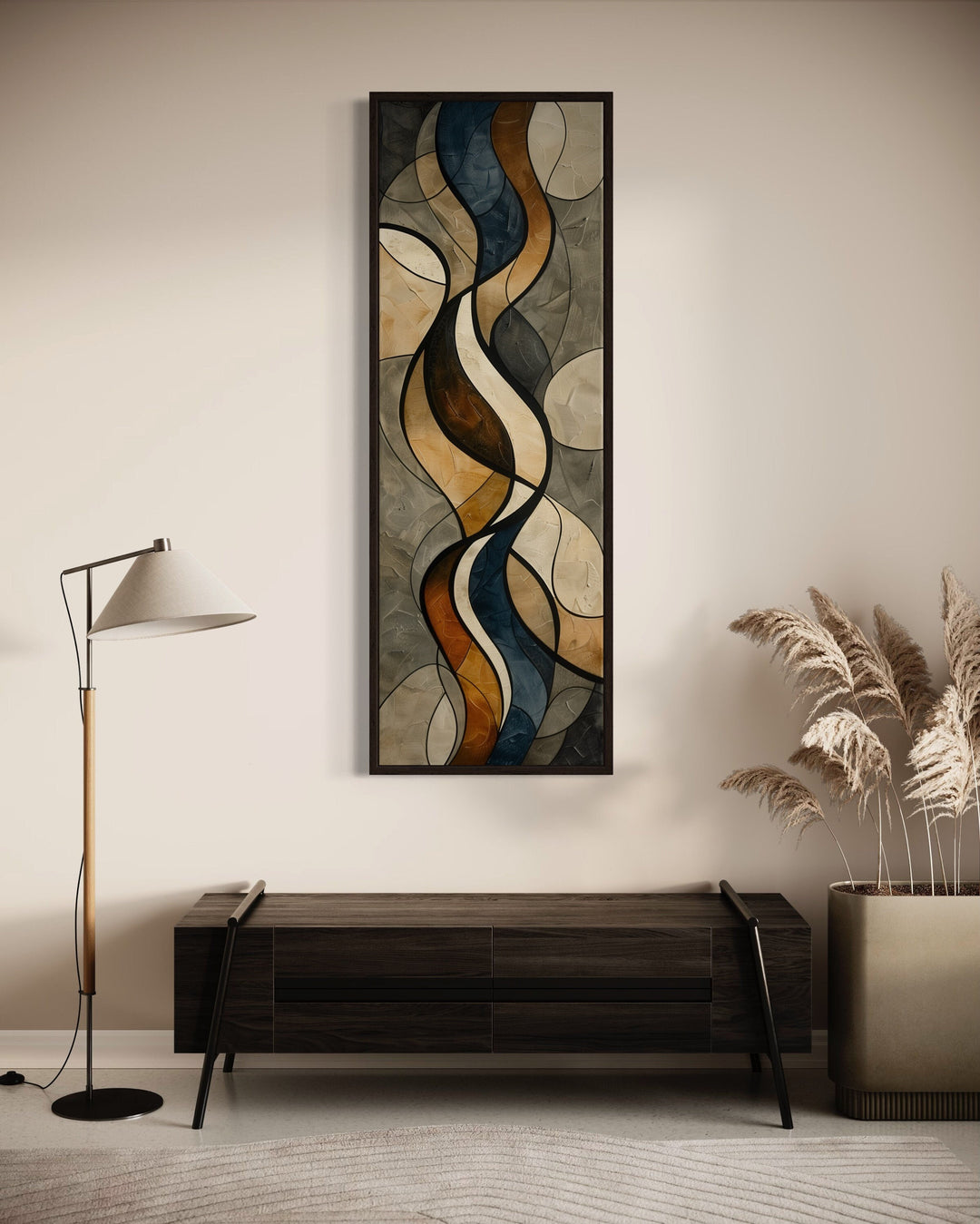 Tall Narrow Earth Tones Mid Century Modern Framed Canvas Wall Art