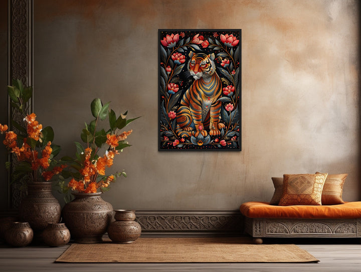 Madhubani Style Tiger Painting Framed Indian Canvas Wall Artin indian room